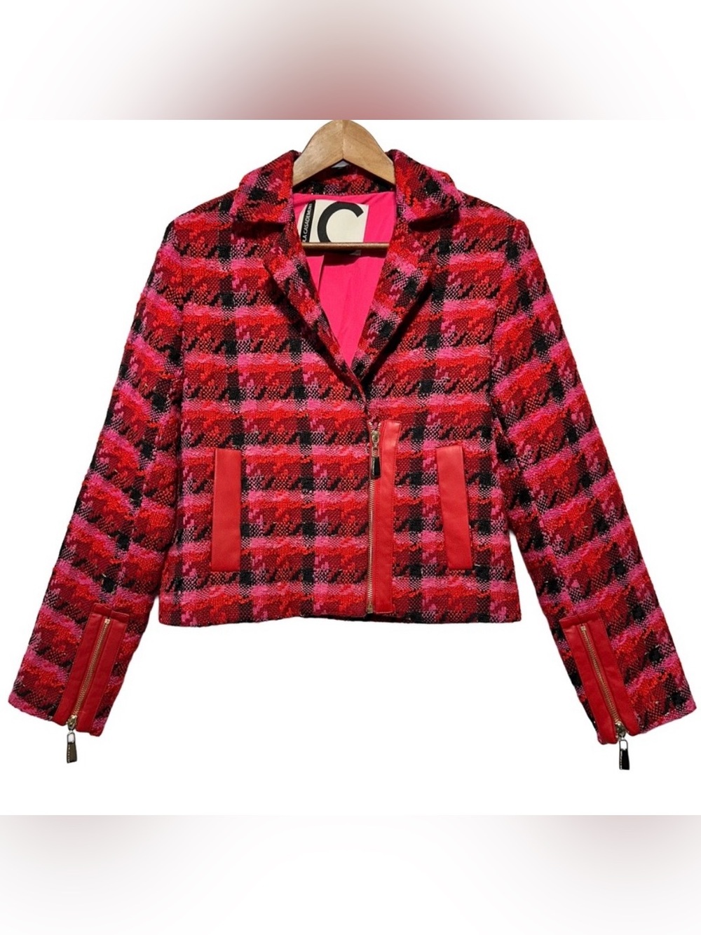 LOLA CASADEMUNT Tweed Moto Jacket Pink Red Plaid Cropped Luxe